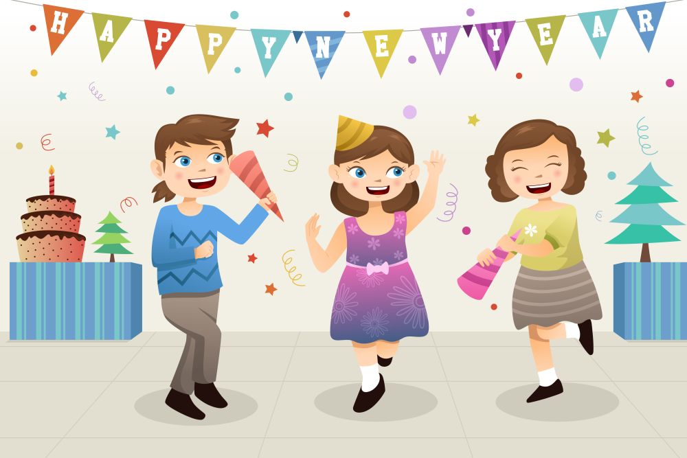 A vector illustration of group of cute girls celebrating New Year party