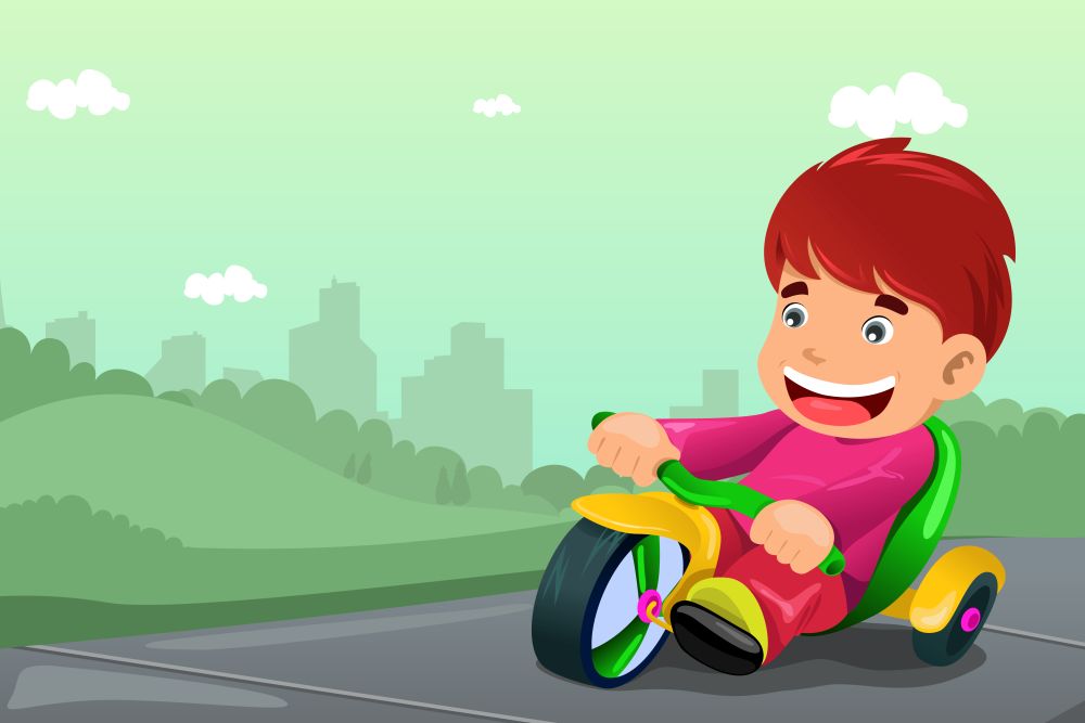 A vector illustration of cute boy riding tricycle in the park