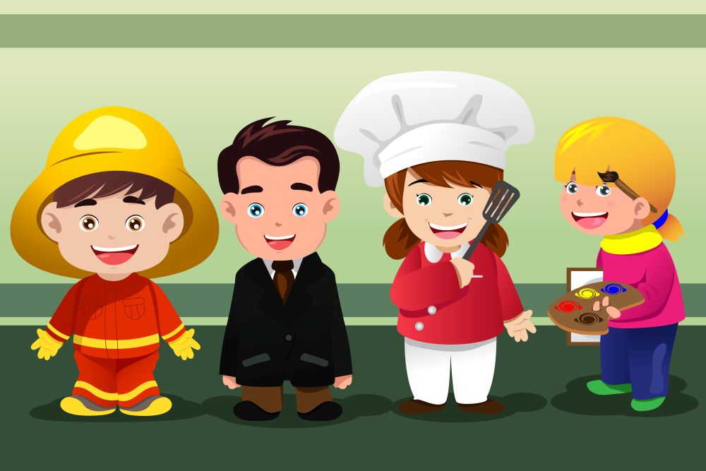 A vector illustration of group of children dressing up as professionals