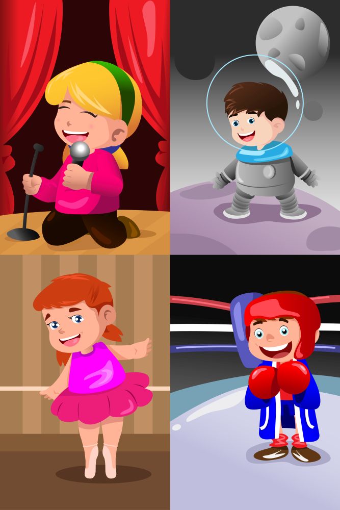 A vector illustration of group of children dressing up as professionals
