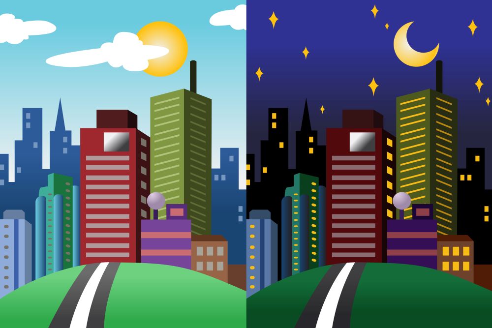 A vector illustration of day and night view of a modern city