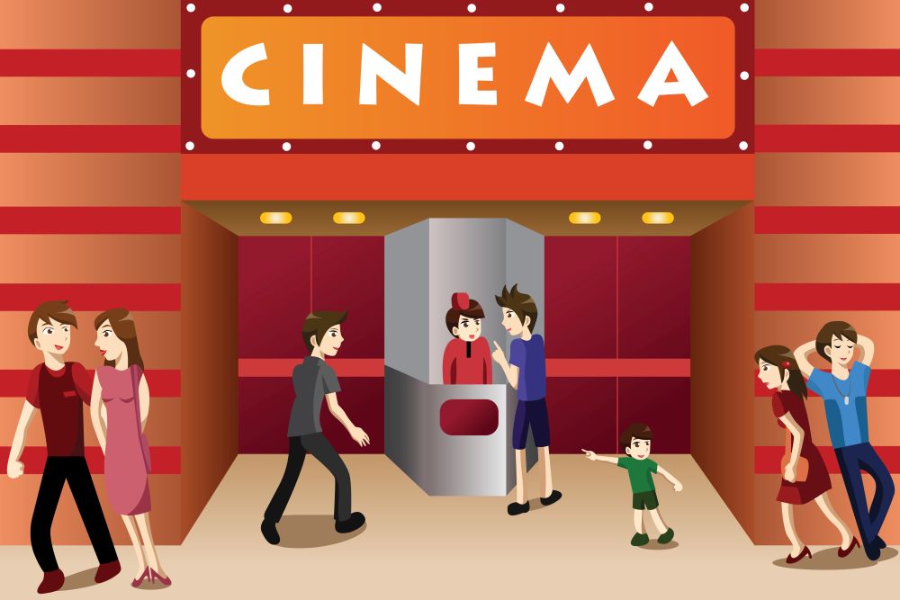 A vector illustration of young people hanging out outside a movie theater