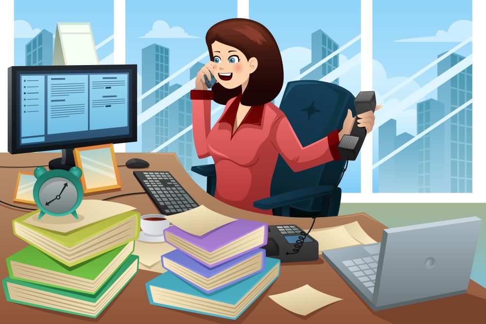 A vector illustration of busy  businesswoman talking on the phone