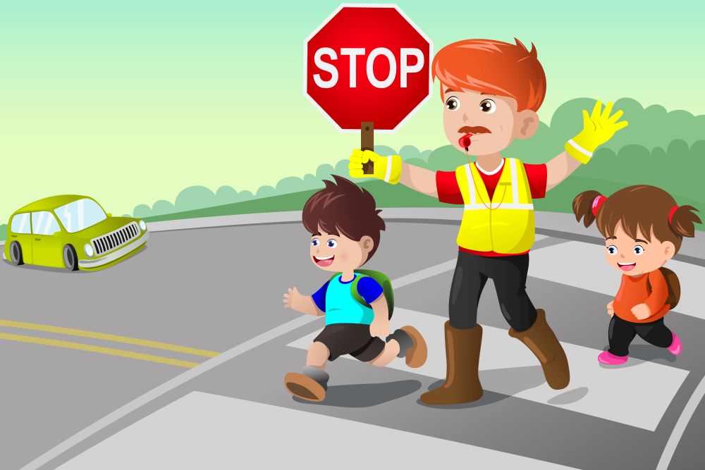 A vector illustration of flagger and kids crossing the street