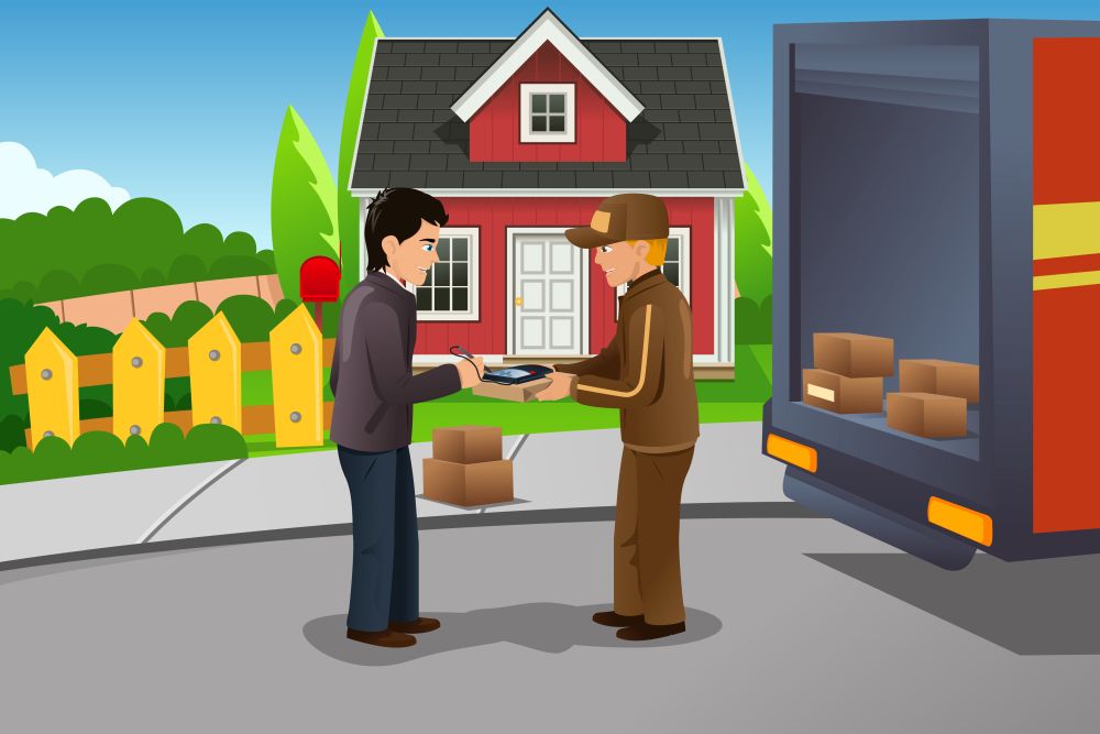 A vector illustration of mailman delivering package