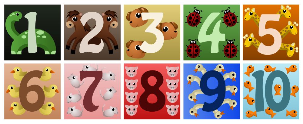 A vector illustration of a set of numbers with cute animals