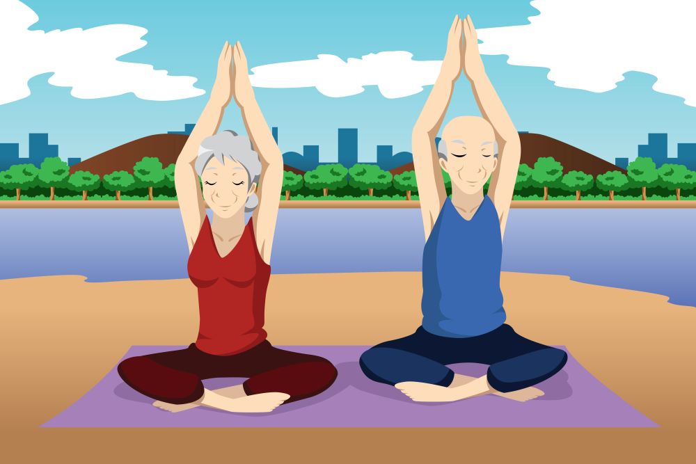 A vector illustration of senior couple doing yoga exercise