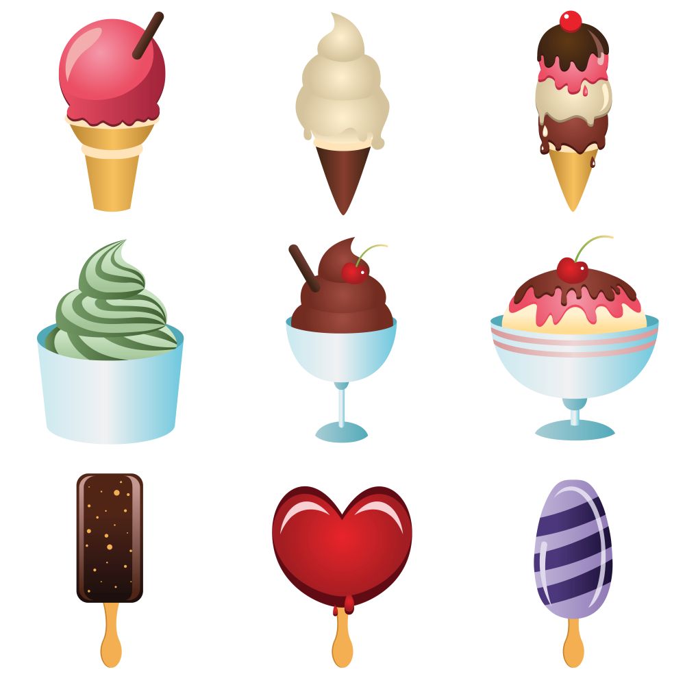 A vector illustration of ice cream icons