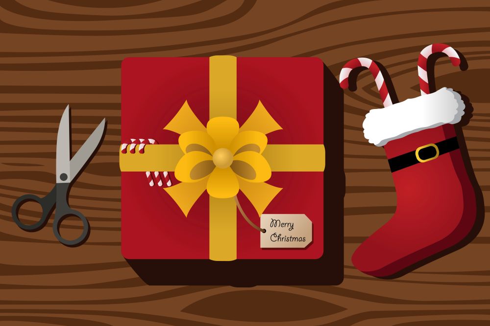 A vector illustration of Christmas present on top of wooden table