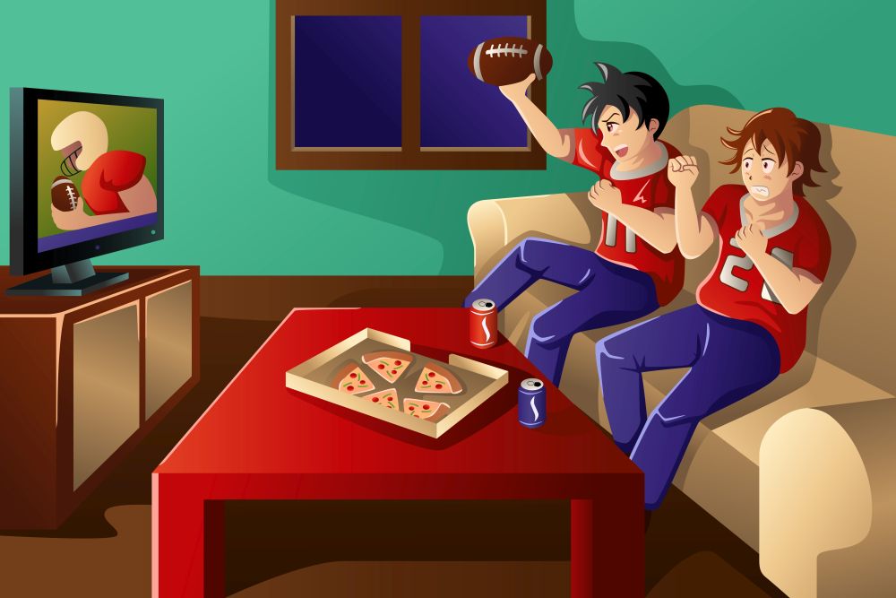 A vector illustration of group of young people watching American football on TV and eating pizza and drinking soda