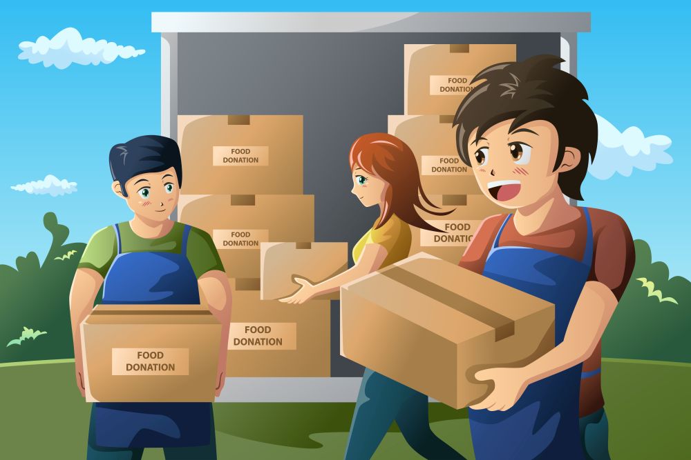 A vector illustration of team of volunteer working at food donation center