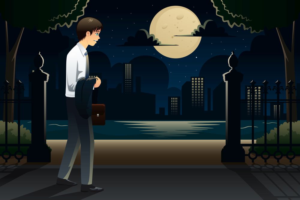 A vector illustration of businessman coming home late from work