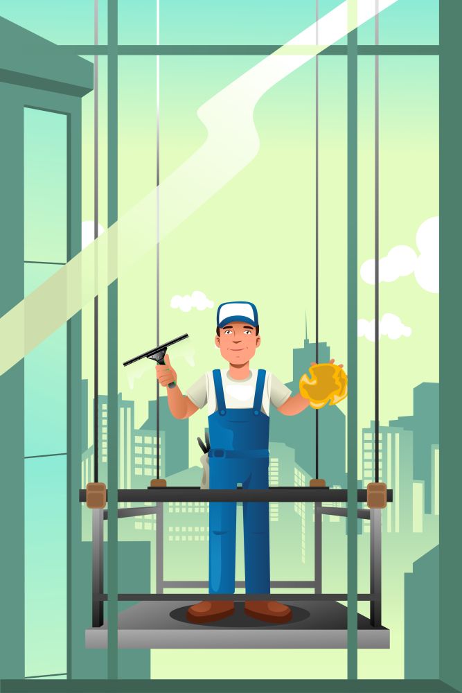A vector illustration of windows cleaner of high rise buildings