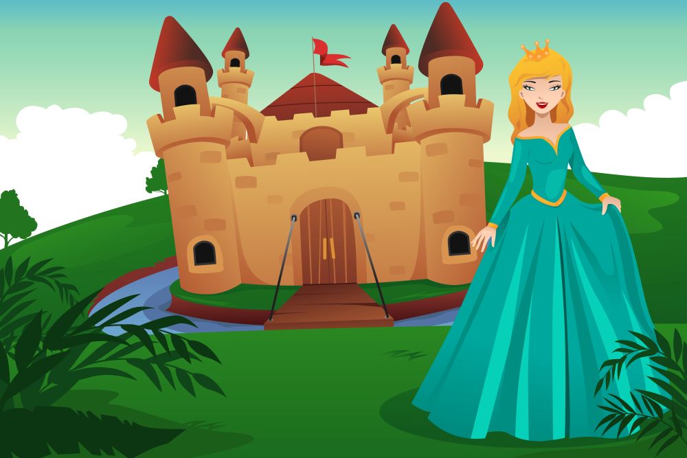 A vector illustration of princess in front of her castle