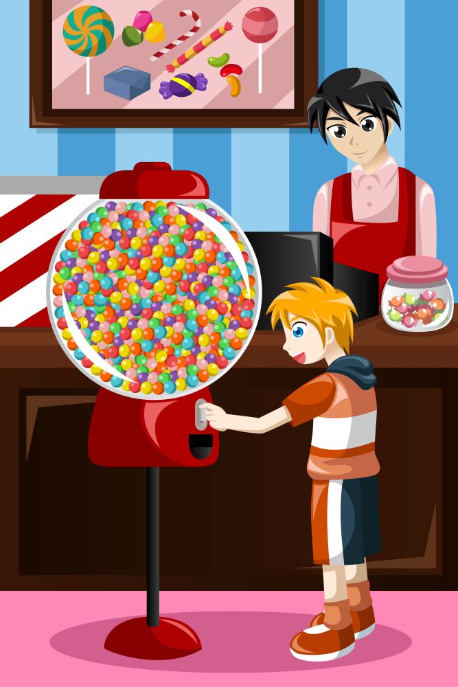 A vector illustration of kid buying candy from a vending machine