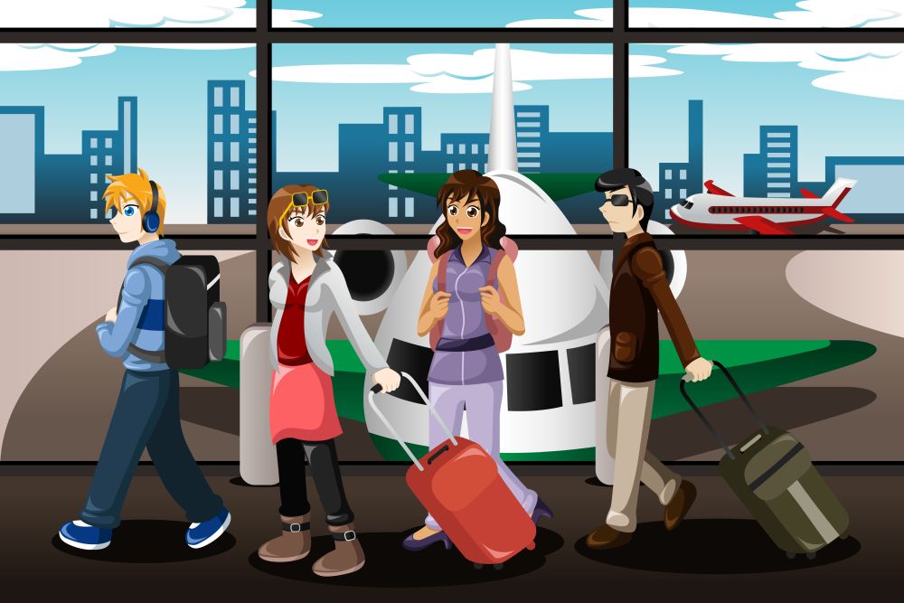 A vector illustration of group of young people  traveling together in the airport