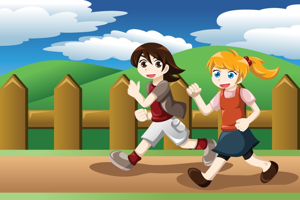 A vector illustration of cute girls running outdoor