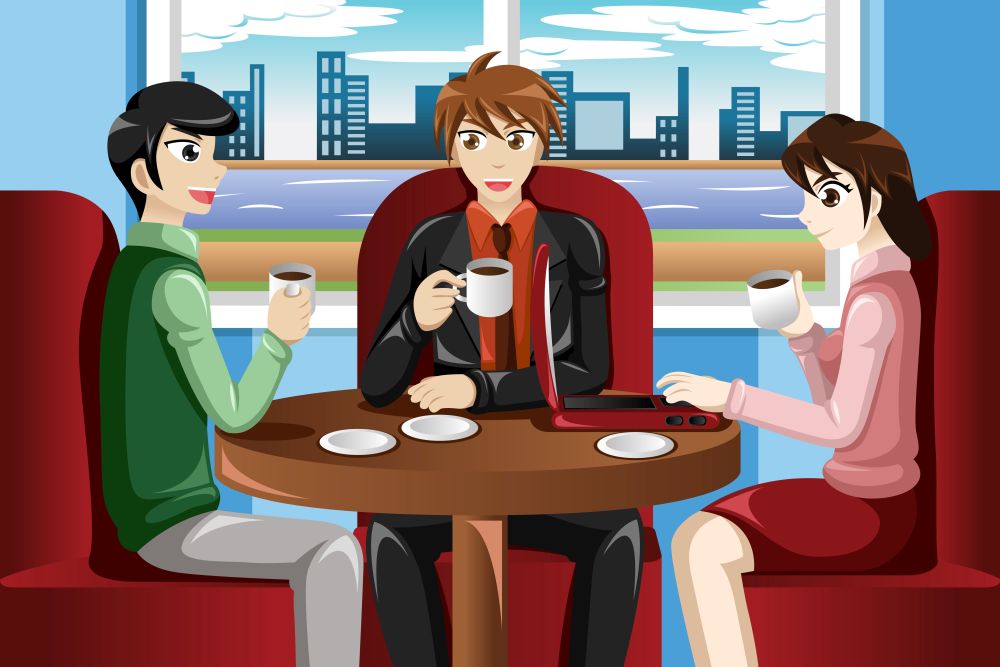 A vector illustration of business people meeting in the cafe