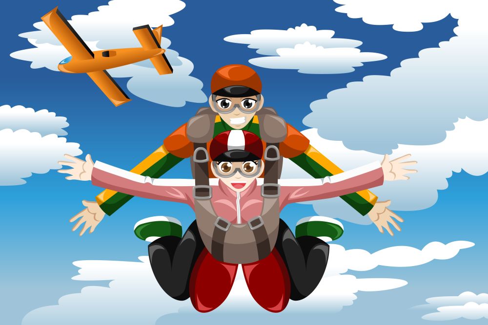 A vector illustration of people doing tandem skydiving