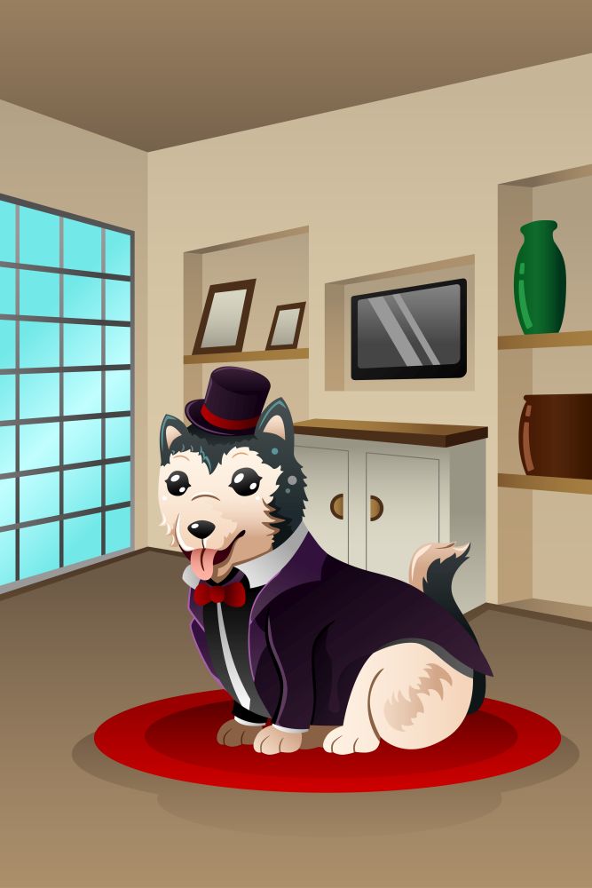 A vector illustration of cute dog dressed up in a fancy outfit at a home environment