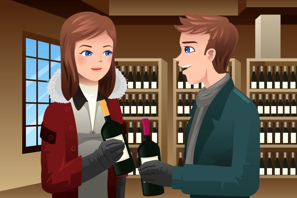 A vector illustration of couple buying wine in a wine store
