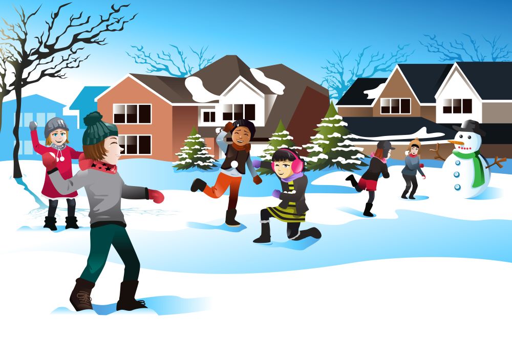 A vector illustration of happy kids playing snow ball fight together