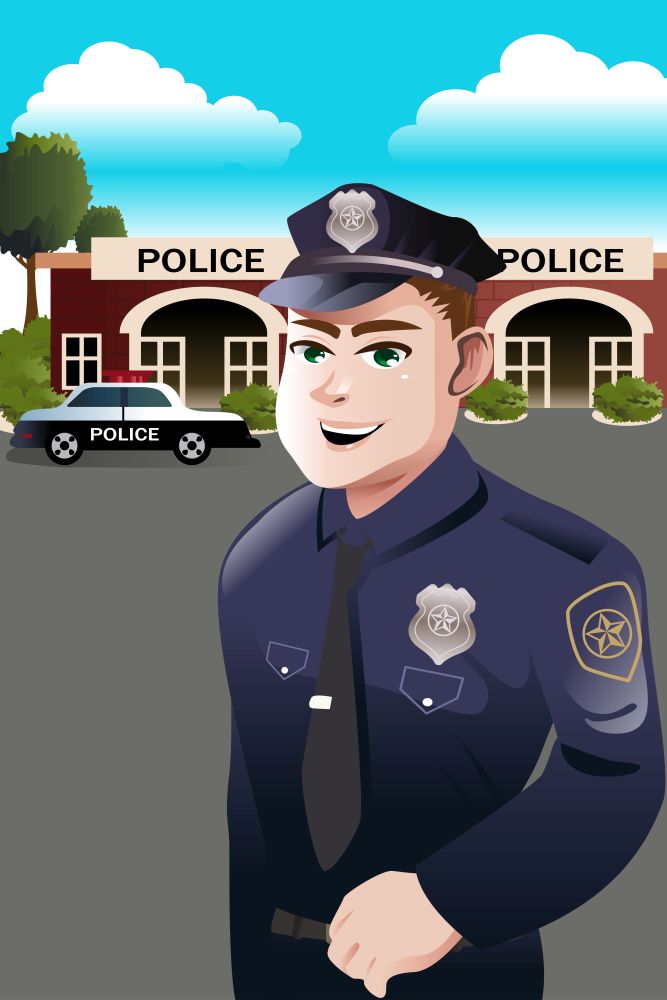 A vector illustration of policeman standing in front of police station
