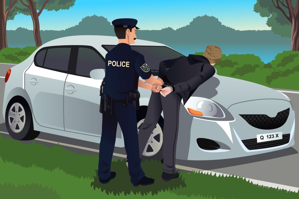 A vector illustration of cop handcuffs a law-breaker near his car