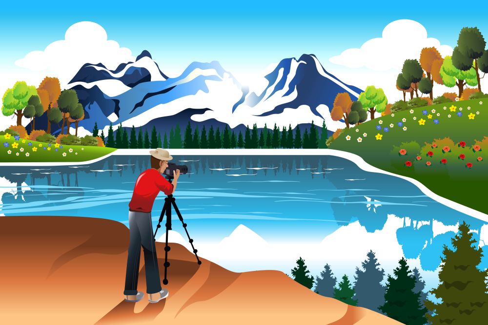 A vector illustration of photographer taking picture of a beautiful nature