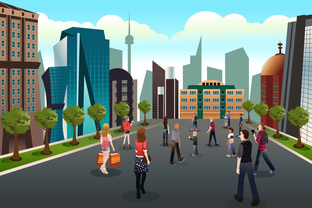 A vector illustration of people walking outside toward high rise buildings