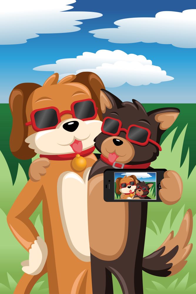 A vector illustration of stylish dogs taking a selfie picture of themselves