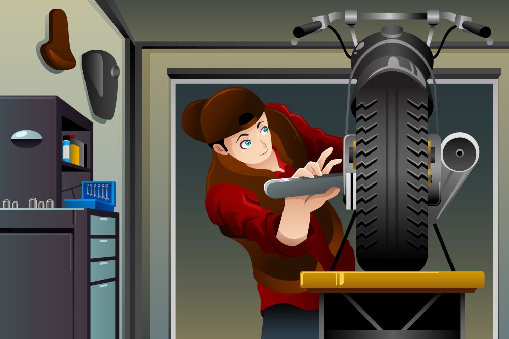 A vector illustration of man fixing a motorcycle in the garage
