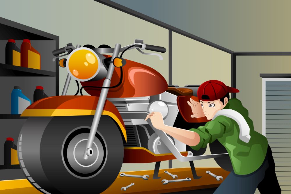 A vector illustration of man fixing a motorcycle in the garage