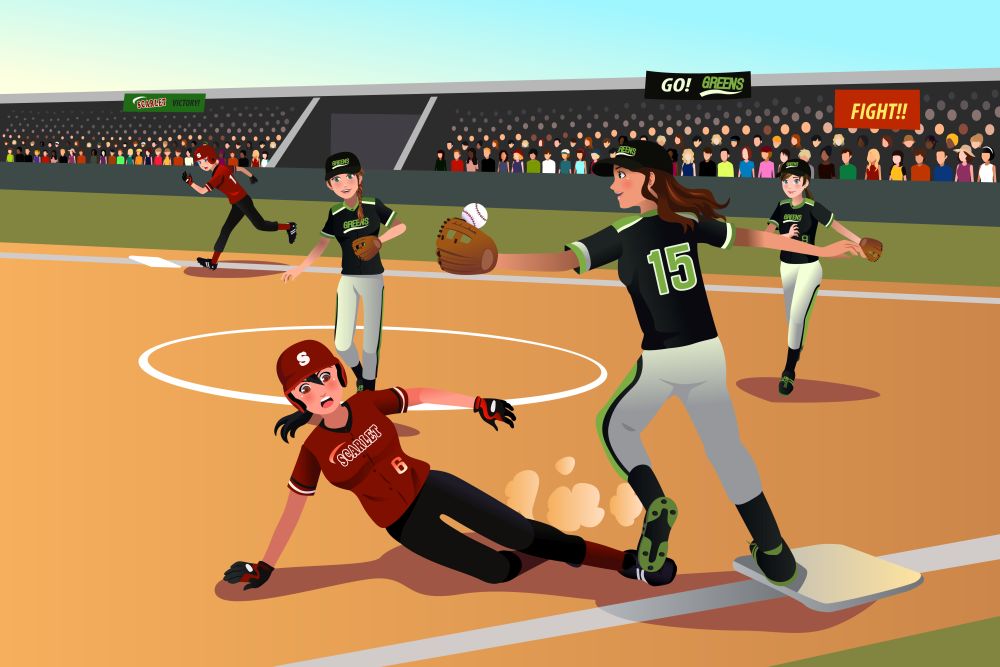 A vector illustration of women playing softball