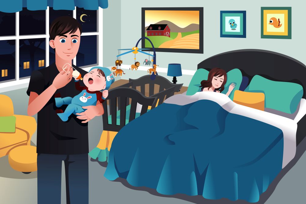 A vector illustration of father holding a newborn baby