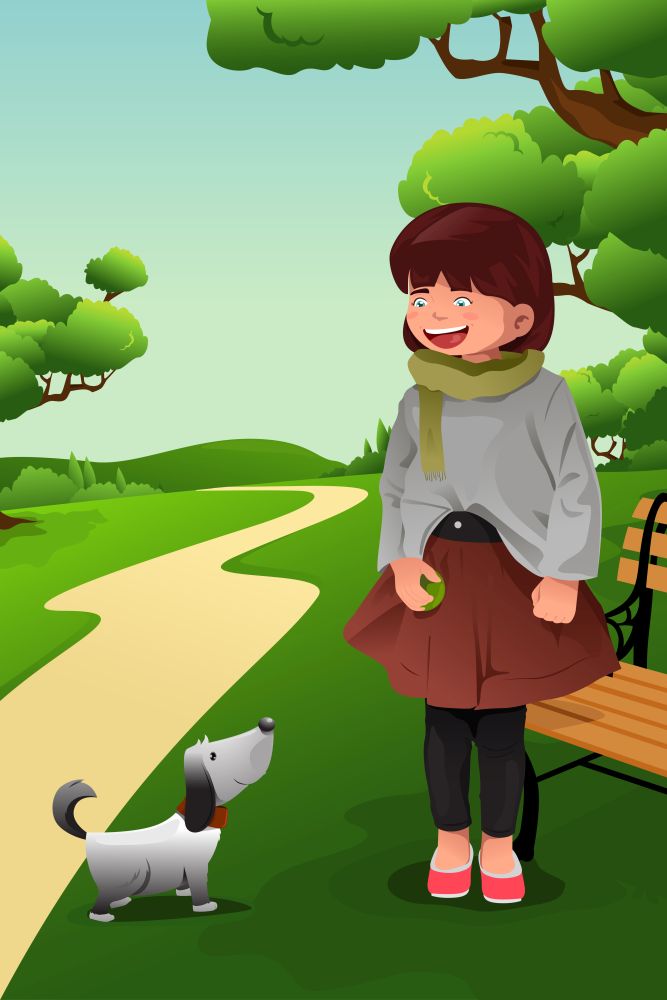 A vector illustration of cute girl playing with her dog in the park