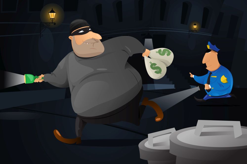 A vector illustration of policeman catching a robber in a dark alley