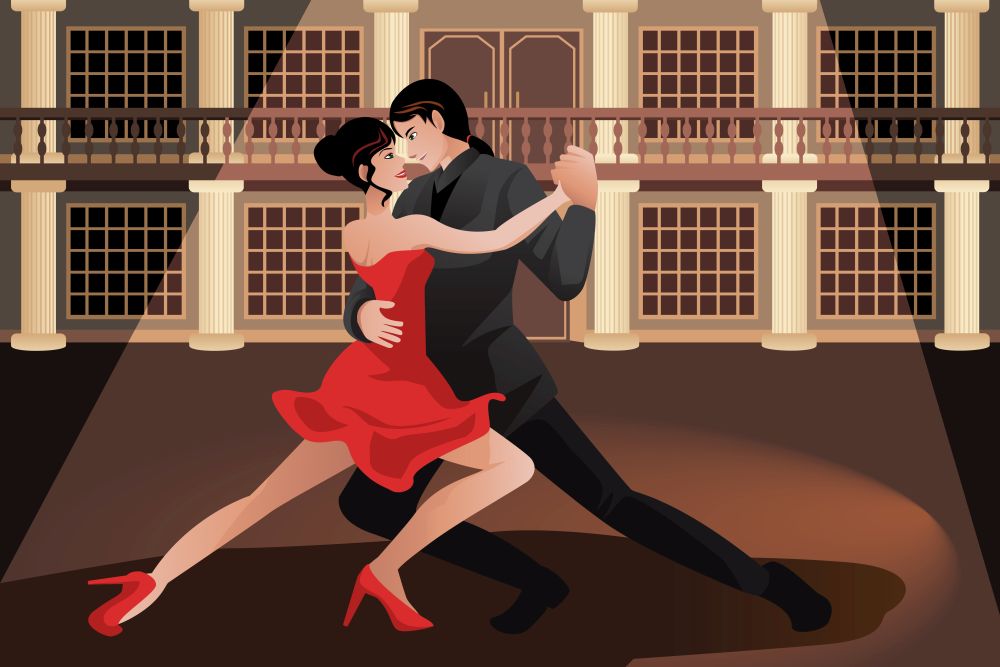 A vector illustration of young couple dancing tango