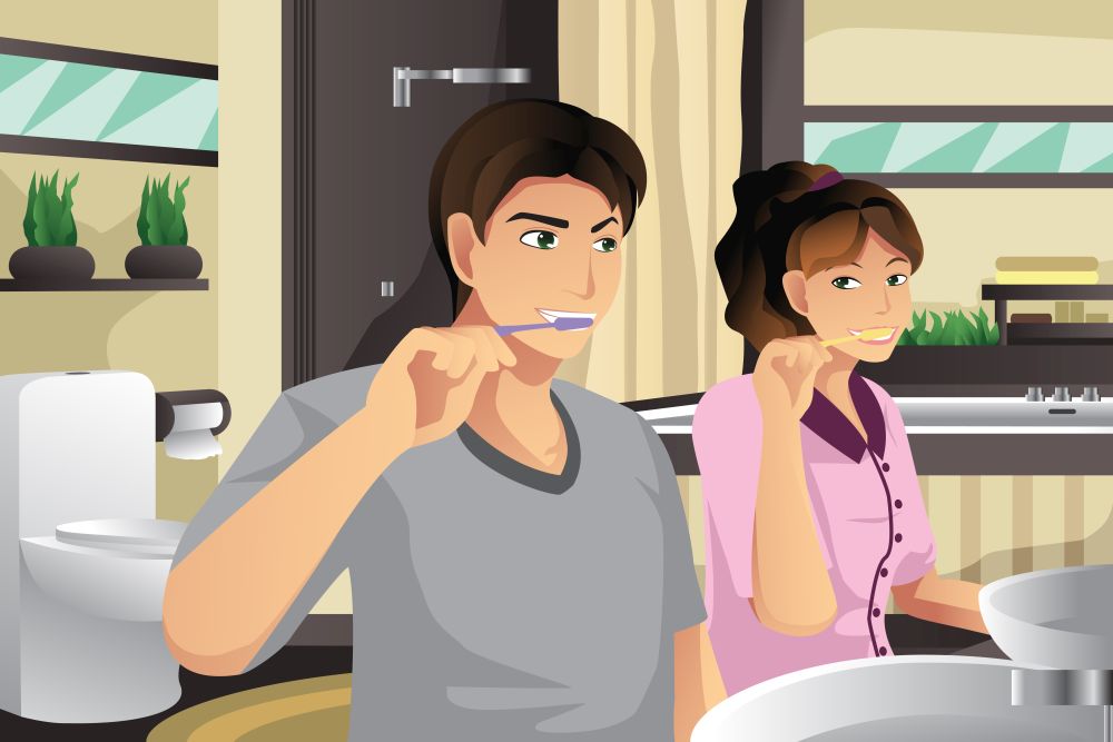 A vector illustration of couple brushing their teeth together in a bathroom