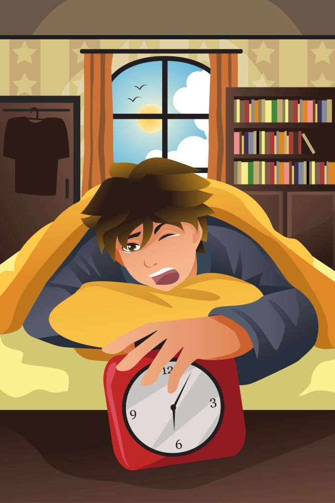 A vector illustration of sleeping man turning off alarm