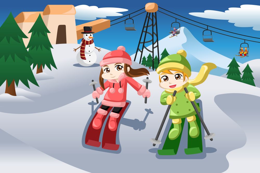 A vector illustration of happy kids skiing together