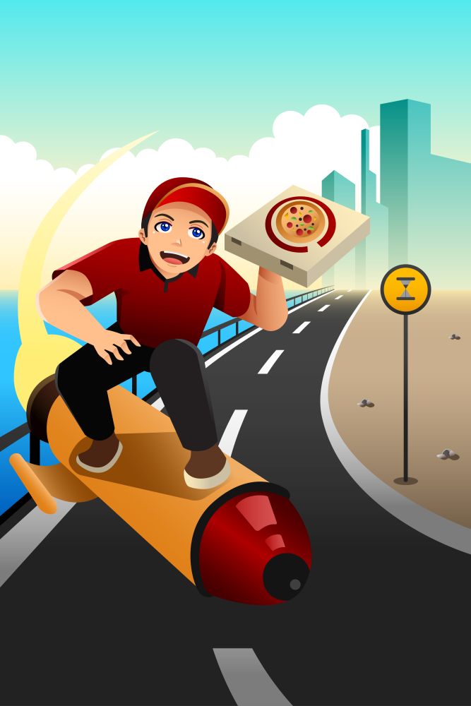 A vector illustration of pizza delivery guy using small rocket to deliver the pizza