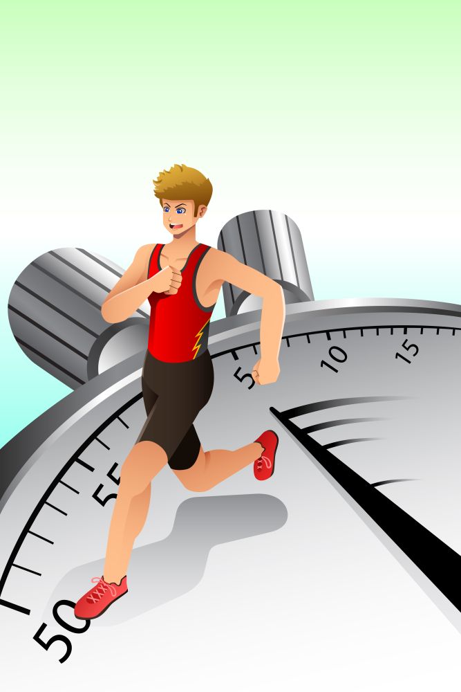 A vector illustration of man running around on top of the stopwatch for speed concept