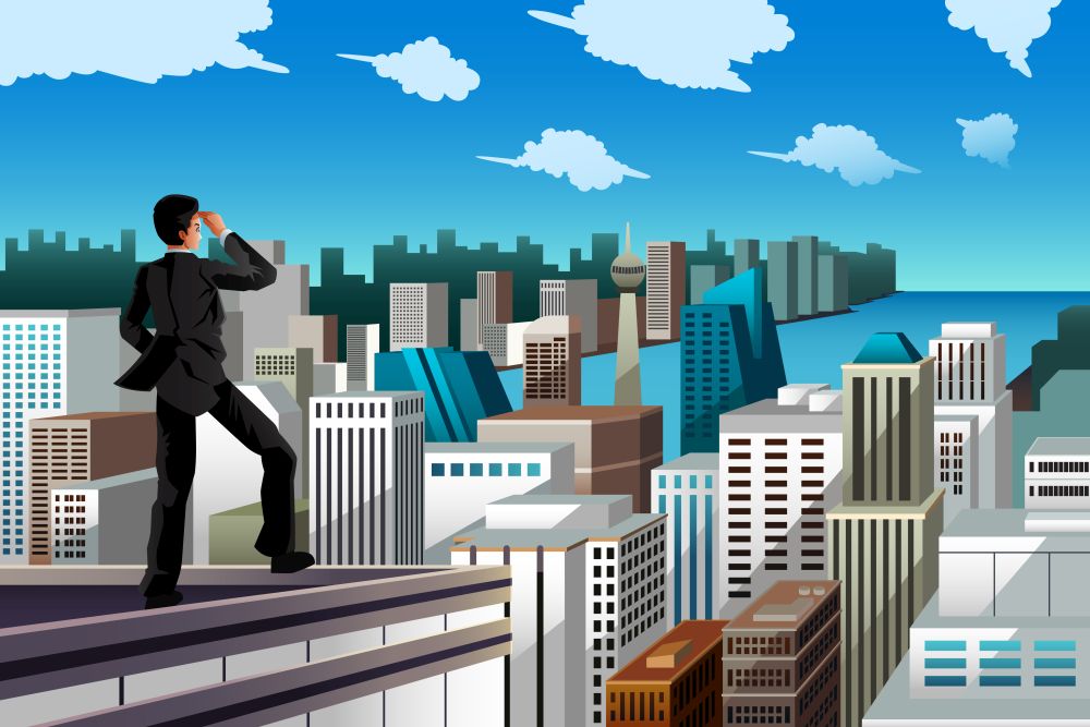 A vector illustration of businessman standing on the rooftop of a skyscraper for business concept