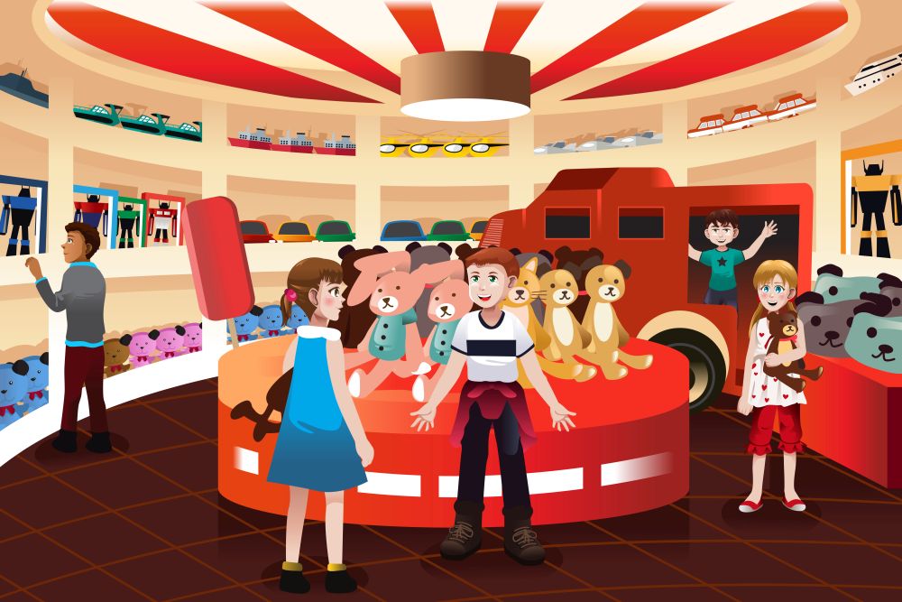 A vector illustration of happy kids in a toy store