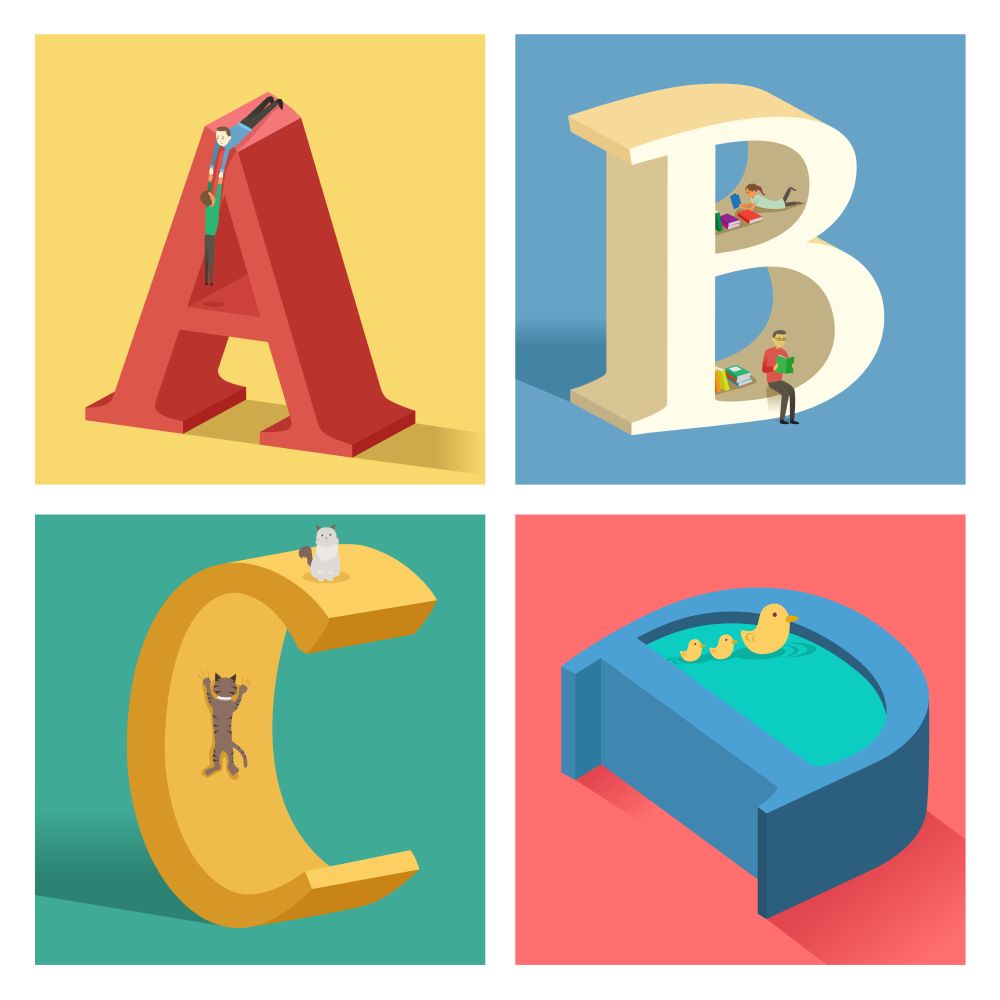 A vector illustration of Alphabets concept in 3D from A to D