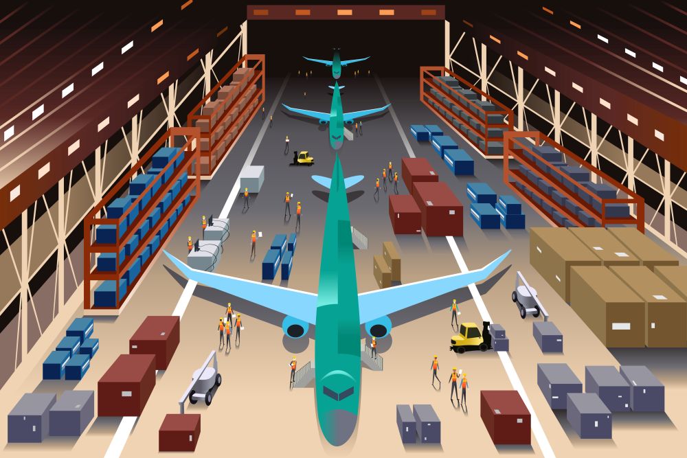 A vector illustration of workers in an airplane factory