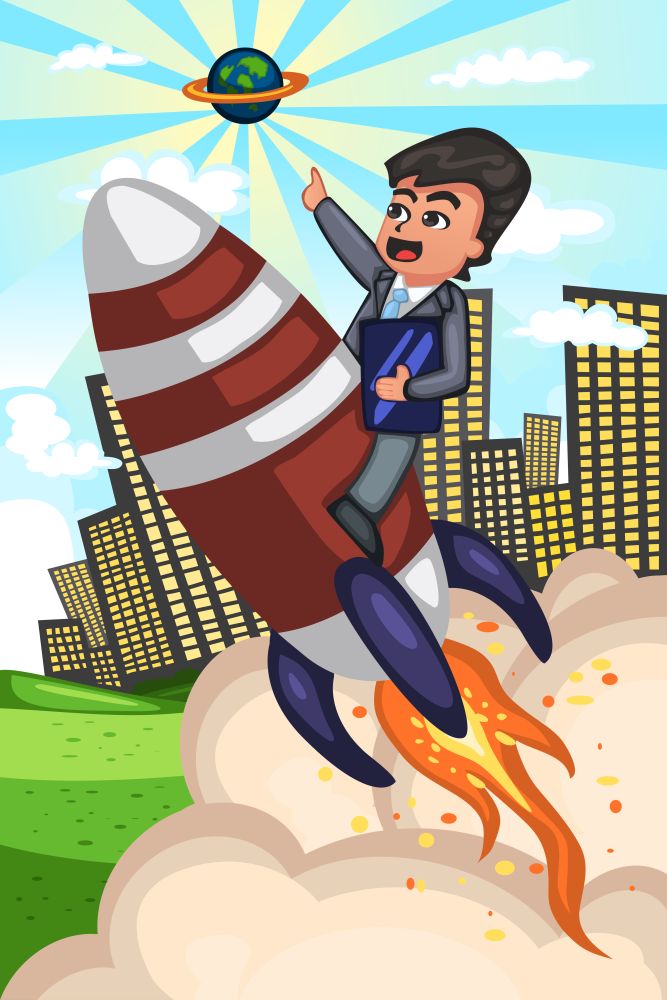 A vector illustration of businessman riding a rocket for business growth concept