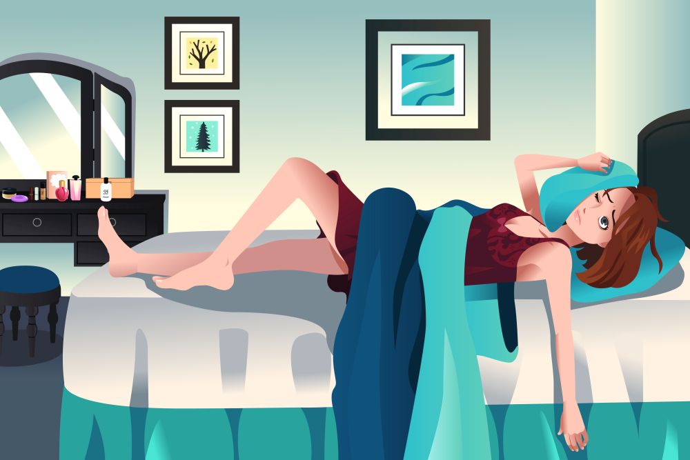 A vector illustration of young girl trying to sleep