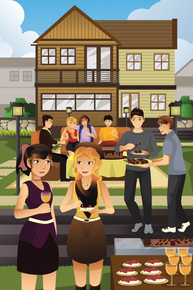 A vector illustration of young people having garden party